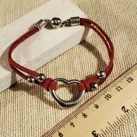 Silver Red Vegan Suede Open Heart Bracelet - Picture 8 of 8